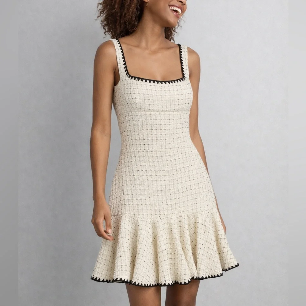 🆕Antonio Melani Aurelia Tweed Mini Dress Ivory Black Trim Ruffle 4,8,10,12 - Picture 1 of 17